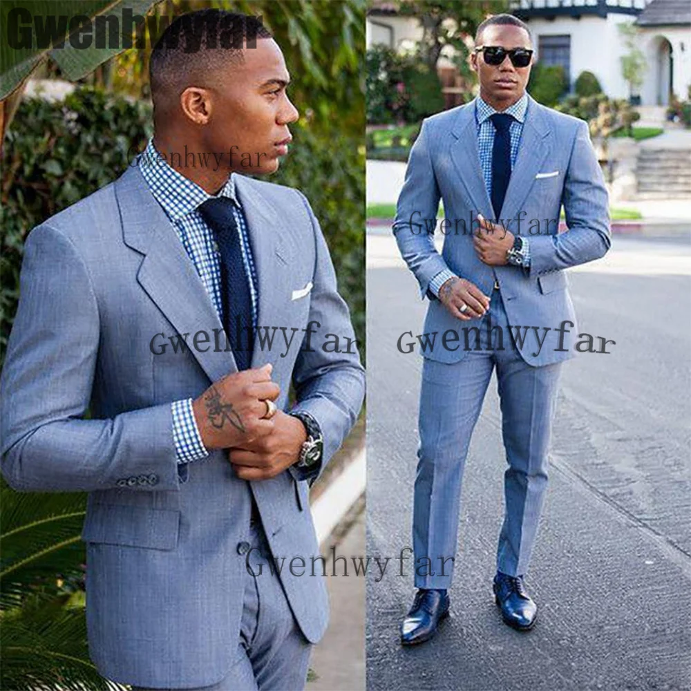 

Gwenhwyfar Costume Homme Light Blue Mens Suits Groom Tuxedos Terno Groomsmen Wedding Party Dinner Best Man Suit (Blazer+Pants)