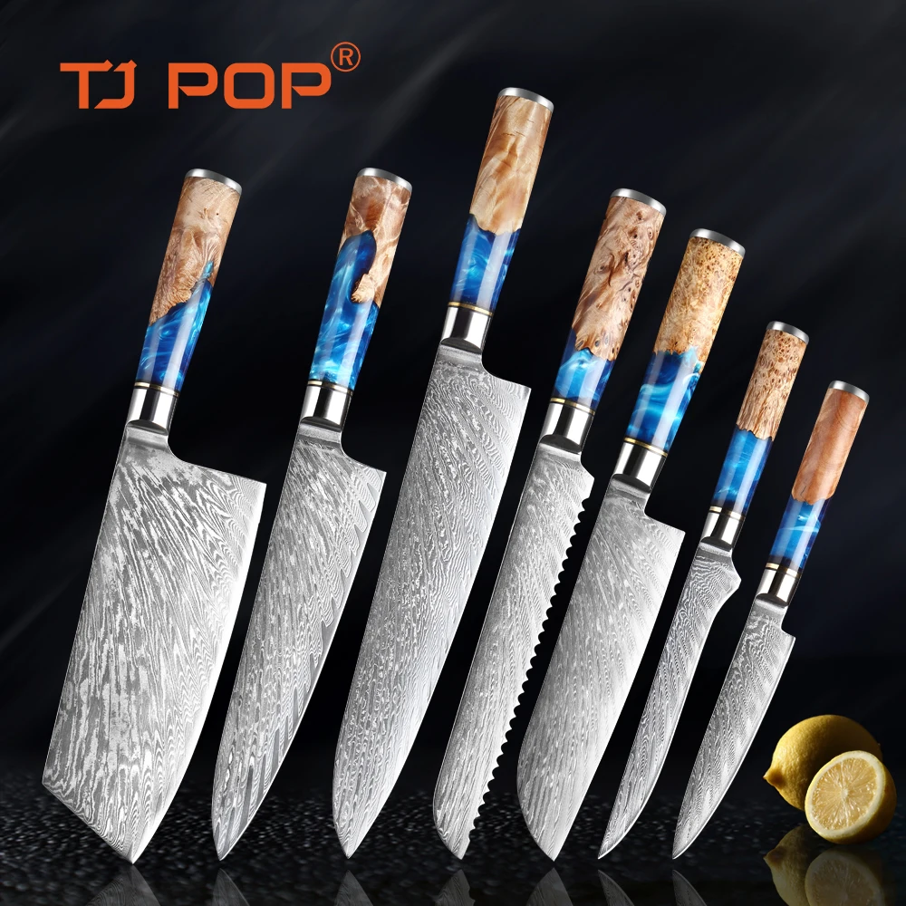 

Набор кухонных ножей из дамасской стали TJ POP VG10 7 шт., острые японские ножи шеф-повара сантоку из смолы с деревянной ручкой и косточками
