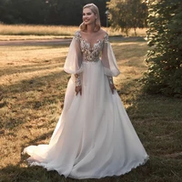 elegant puff sleeves wedding dresses for women o neck lace appliques a line bridal gown illusion bride dresses vestido de noiva