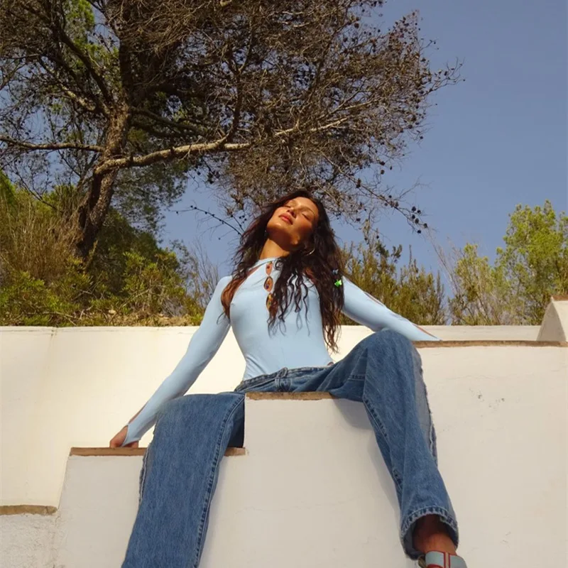 

Y2K Aesthetics Sexy Backless Cut Out Bodysuit Vintage Streetwear 90s Hollow Out Long Sleeve Rompers Tight Blue Bodys