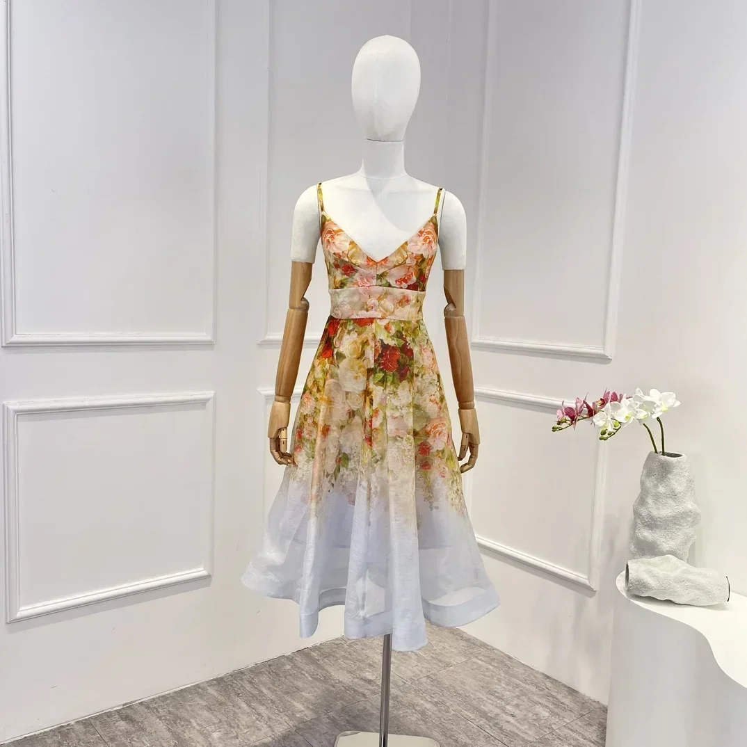 

2023 New Linen Silk Floral Printing Shirred Vintage Summer Beach Style Sleeveless Pocket A-line Woman Elegant Mini Dress