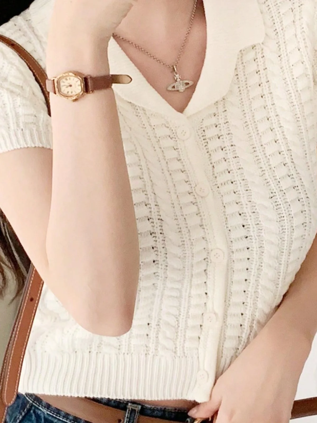 Корейская серия шикарная вязаная футболка с короткими рукавами и лацканами