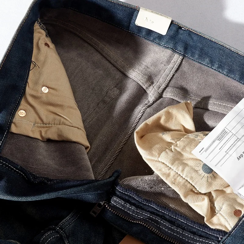 Plush jeans men's winter thickened warm denim pants comfortable elastic worn tapered small straight pants men's