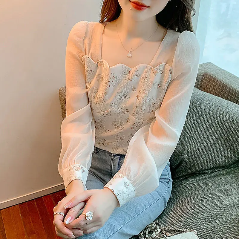 

Western-style floral sweet chiffon blouse femininity yarn mesh splicing square neck long-sleeved 2023 spring blouse female tops