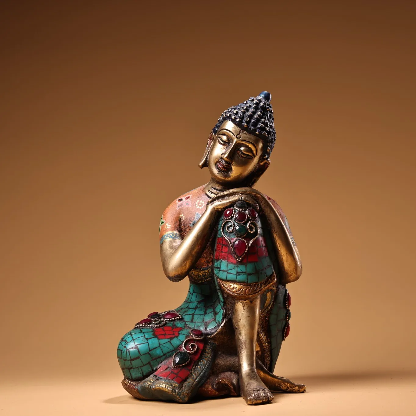 

8"Tibet Temple Collection Old Bronze Outline in gold Mosaic Gem Turquoise Sleeping Buddha Meditation Buddha Worship Hall