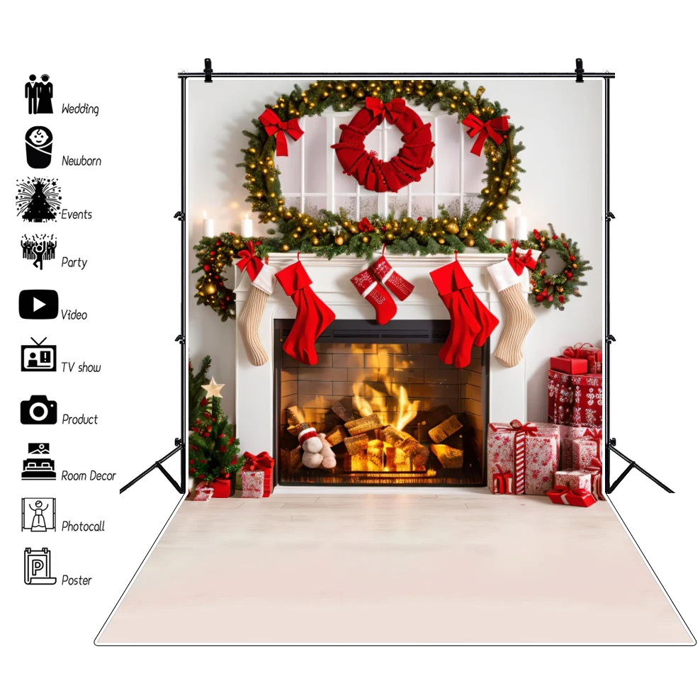 Christmas Wood Floor Backdrop Winter Snow Xmas Tree Gift Family Party Background New Year Decoration