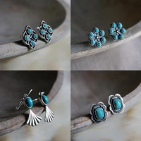 new vintage silver color geometric stone turquoise stud earrings for women fashion statement jewelry metal earring wholesale