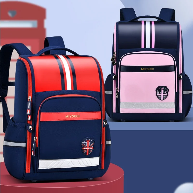 Grade 1-6 Kids British Style PU Backpacks New Girl Boy Waterproof Fashion Noble Schoolbag Primary Students Large Capacity Bags