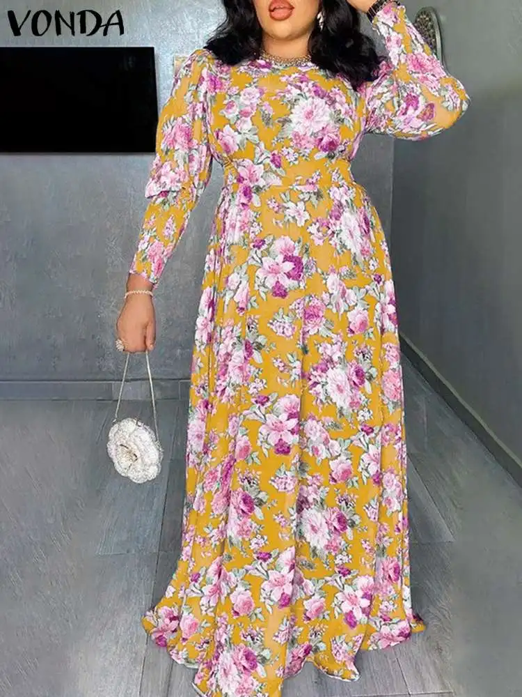 

Bohemian Vintage Long Dress VONDA 2022 Long Sleeve Belted Pleated Party Maxi Dress Women Summer Floral Printed Holiday Vestidos