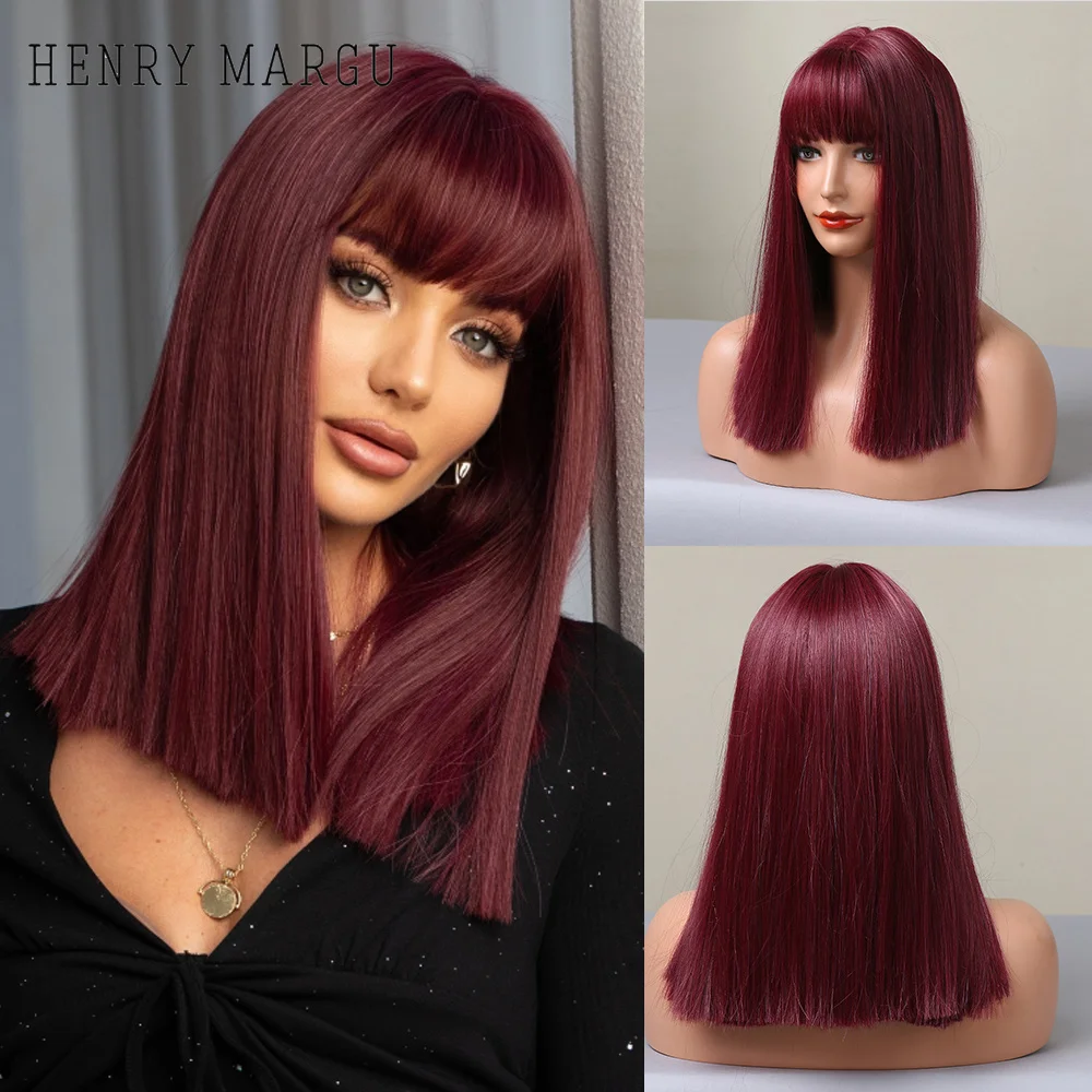 

HENRY MARGU Short Straight Synthetic Bob Wig for Women Wine Red Burgundy Hair Wig with Bangs Cosplay Party Lolita Heat Resistant