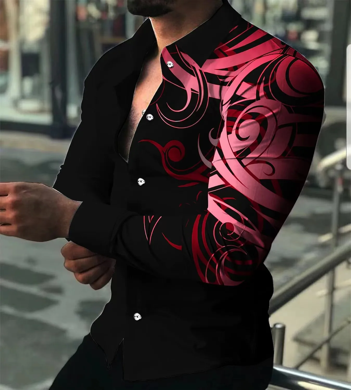 

2023 autumn new men's lapel printed long-sleeved shirt Fashion casual trend men's slim shirt
