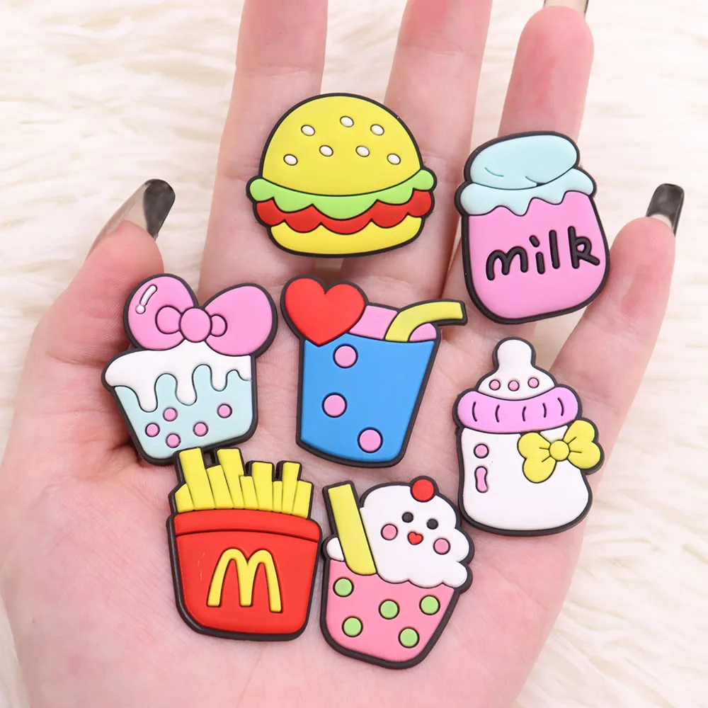 

1-7PCS PVC Croc Jibz Kawaii Bottle Cupcake Bow Fries Drink Heart Burger Milk Shoe Charms Silicone Croc Slipper Accessories