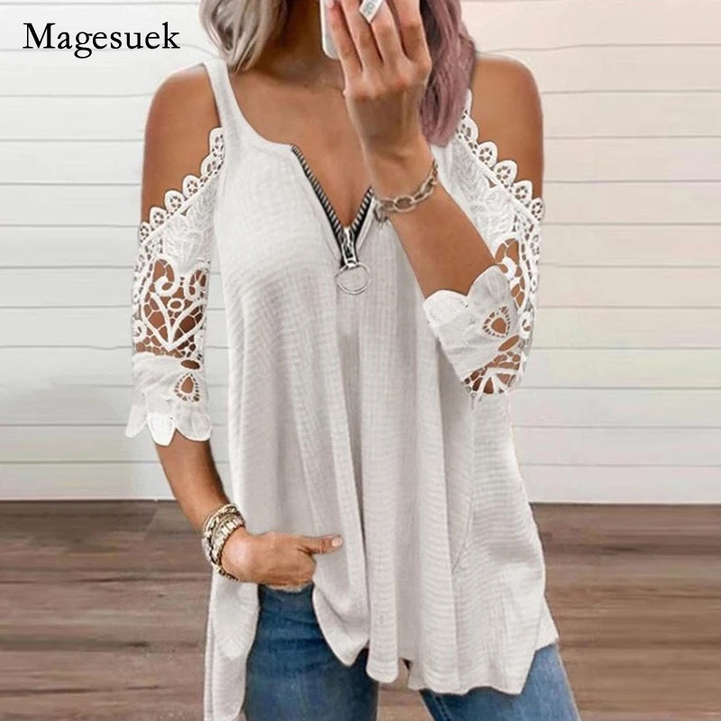 

Fashion Hollow Out Shirt Off-shoulder Sexy Tops Spring Summer New Lace Blouse Women Casual Women Clothing Mujer Camisetas 19004