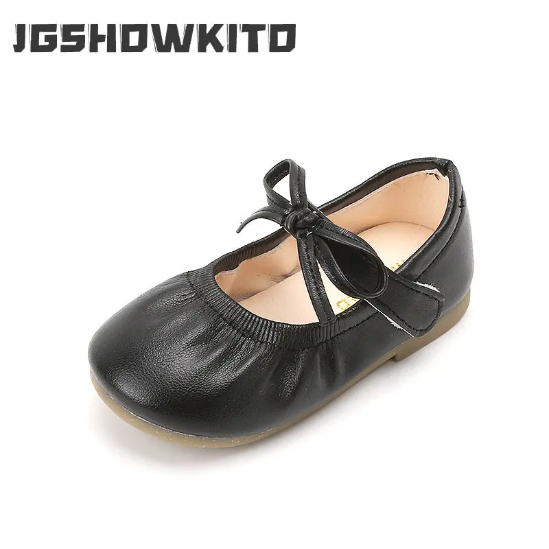 

Girls Mary Jane 2022 Autumn New Child Fashion Moccasin Shoes Soft Bottom Leather Shoes Kids Shallow Bow Solid Black Hook & Loop