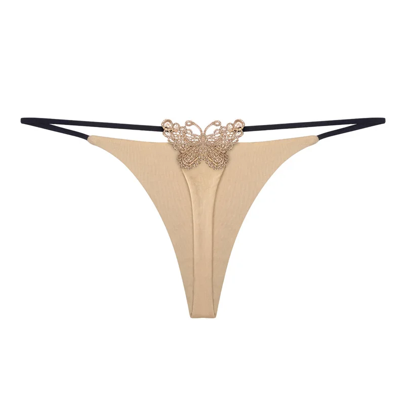 

Women Double-Layer Thin Strap Sexy Thong Butterfly Embroidery Low Waist Sexy Bikini Pure Cotton T-Shaped Panties Panties Sexy