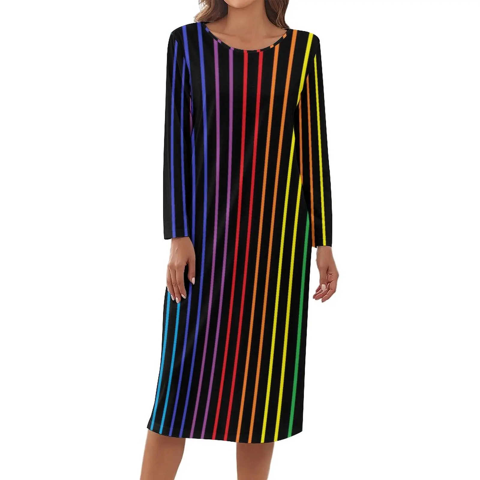 

Vertical Rainbow Pajamas Red Blue Purple Green Stripes Kawaii Dresses Long Sleeves Graphic Sleepwear Women O Neck Casual Pajama