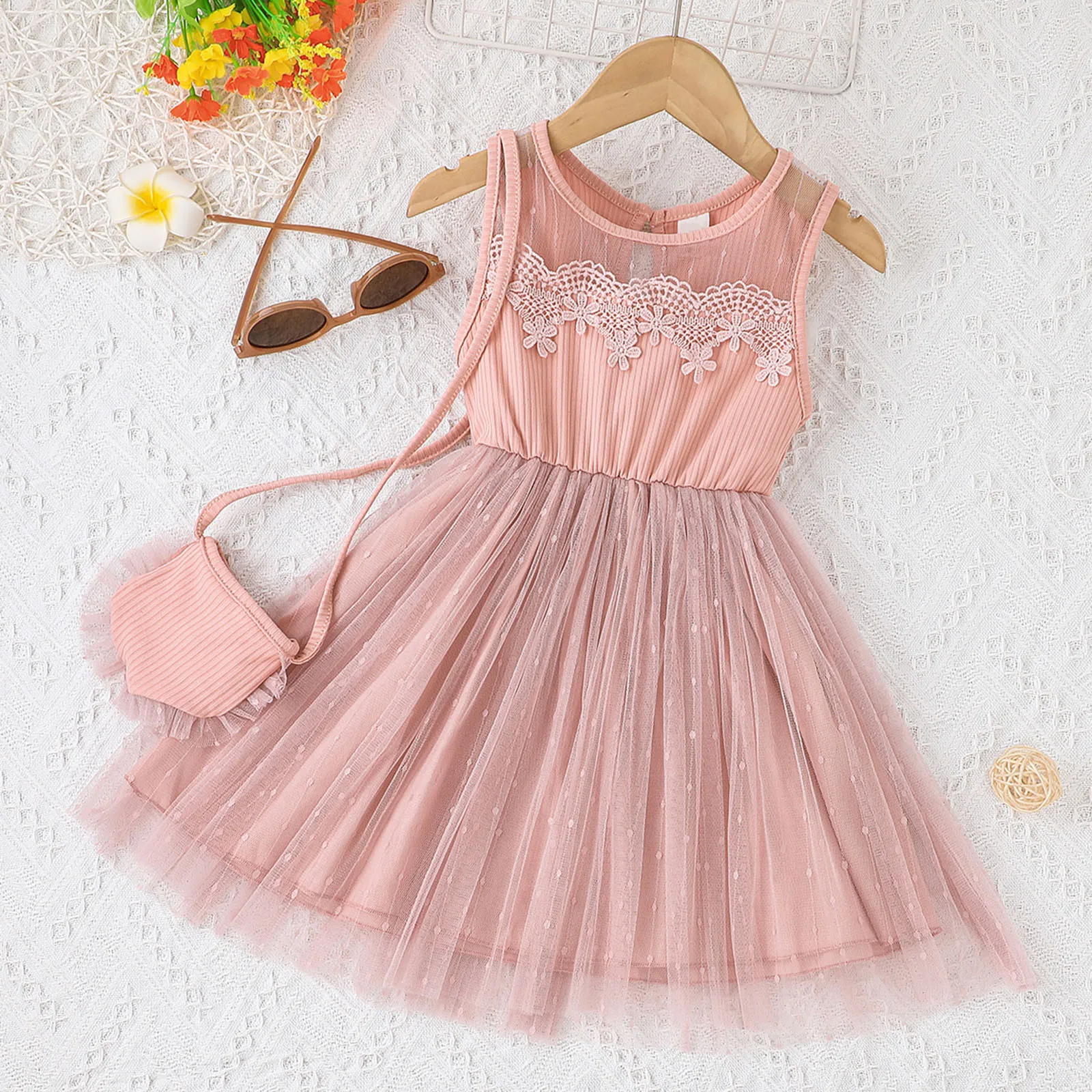 

Toddler Girls Sleeveless Dresses Kids Floral Printed Tulle Princess Dress Bag Set Toddler Girl Sets