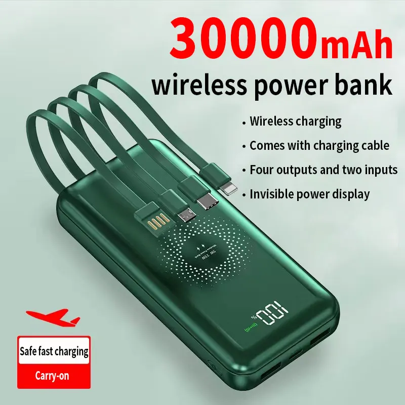 

Portable Wireless Charging Power Bank 30000mAh Digital Display External Battery 4USB PowerBank for iPhone Huawei