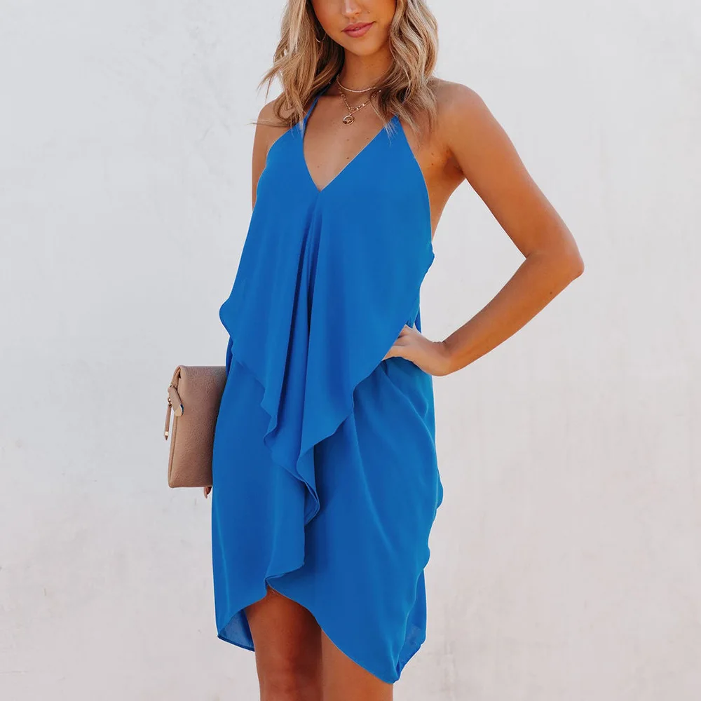 

Summer New Women's Solid Color Lace Up V-neck Sexy Strapless Tank Top Loose Medium Length Dress Women