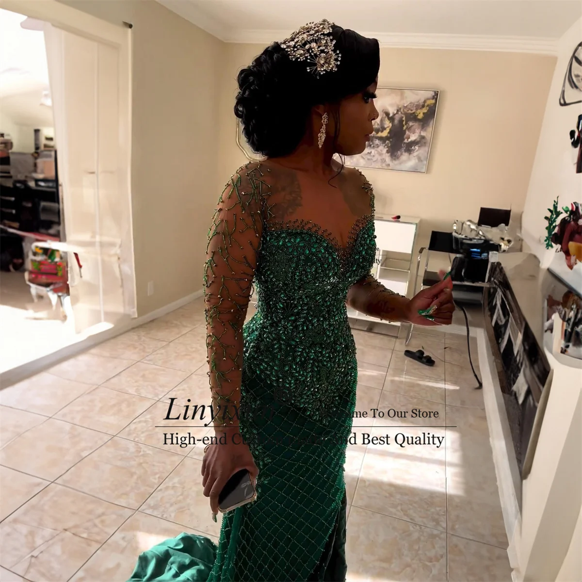 

Luxury Beaded Mermaid Prom Dresses Crystals African Black Girls Birthday Party Gown Sexy Scoop Neck Side Slit robes de bal