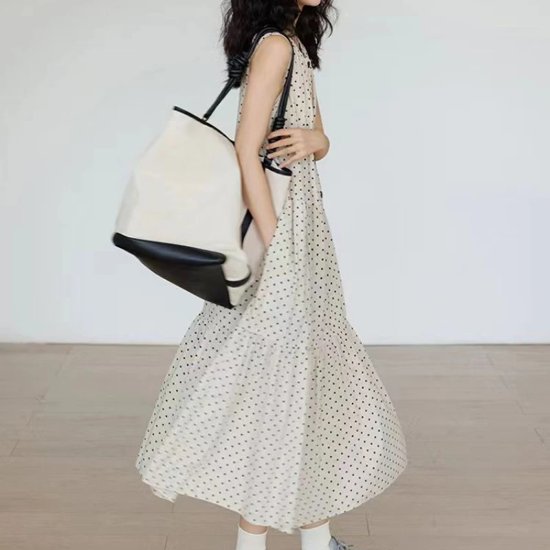 Французское длинное платье-жилет в горошек женское элегантное платье-майка с