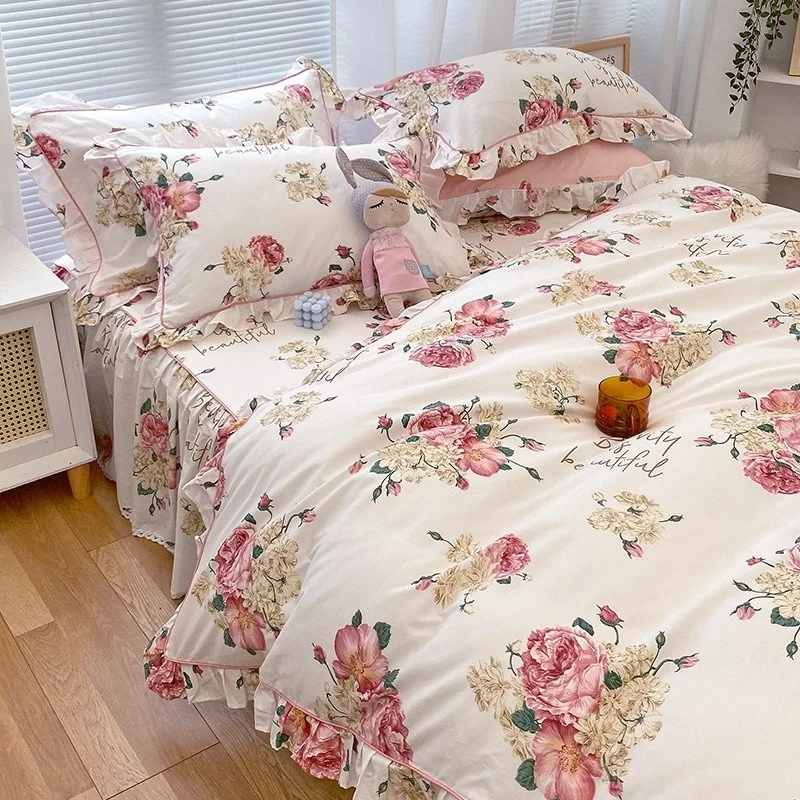 

Spring Flowers Bedding Bloom Floral Duvet Cover 4Pcs 100%Cotton Botanical Nature 1.6m Bedskirt Pillowcase Twin Double Queen size