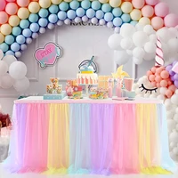 6ft Rainbow Tulle Table Skirt for Wedding Birthday Rectangle Round Tutu Skirting Baby Shower Gender Reveal Cake Dessert Buffet