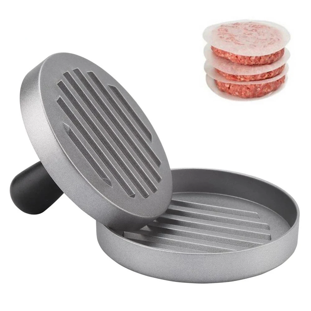 

Пресс для бургеров из алюминиевого сплава, круглый пресс для гамбургеров, пресс для котлет с 100 шт. восковой бумаги, антипригарный кухонный п...
