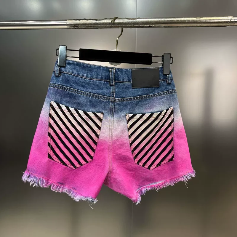 2023 New Women's Clothing Shorts Summer Gradient Color Tie-Dyed Washed Color Frayed Sweet Cool Hot Girl Style Denim Short Pants