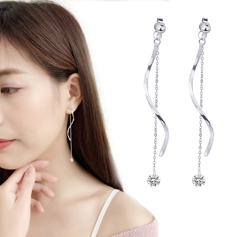

Aretes De Mujer Earings Fashion Jewelry 2021 Korean S-shaped Wave Tassel Back Hanging Long Ear Line Earring Diamond jewelry