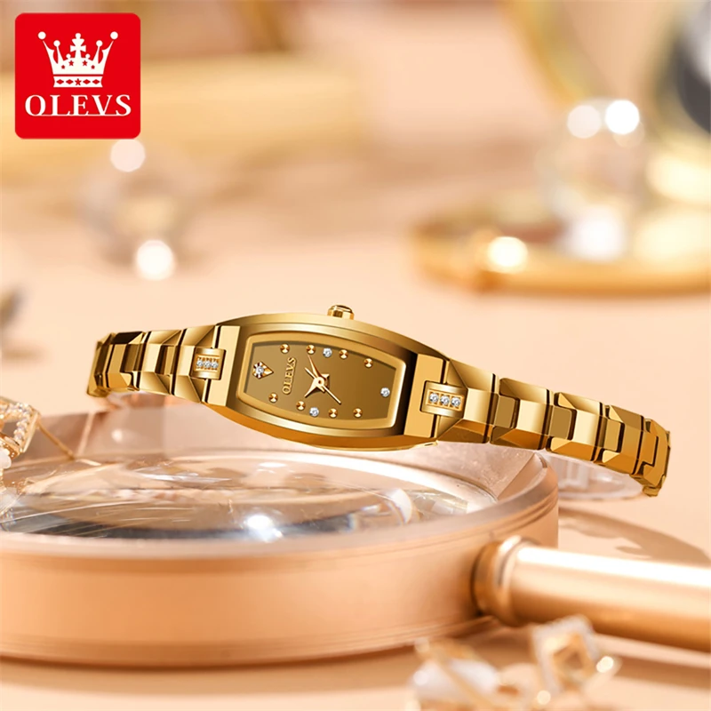 OLEVS Tungsten Steel Gold Womens Watches Top Brand Luxury Diamond Quartzn Watch Bracelet Set Elegant Female Watches for Womens