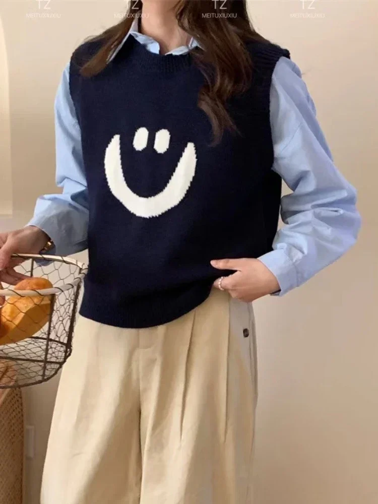 Вязаные жилеты со смайликом и круглым вырезом для женщин осень 2022 новый
