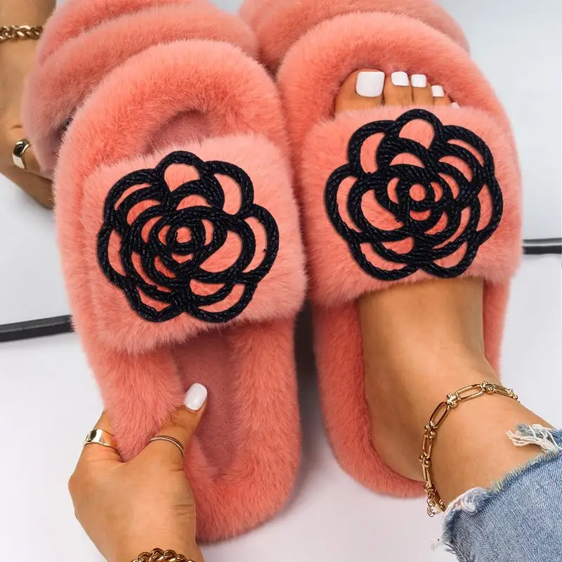 Slippers Women Winter Faux Fur Shoes Women Slides Plush Home Slippers Black Hollow Flowers Indoor House Warm Fur Flats