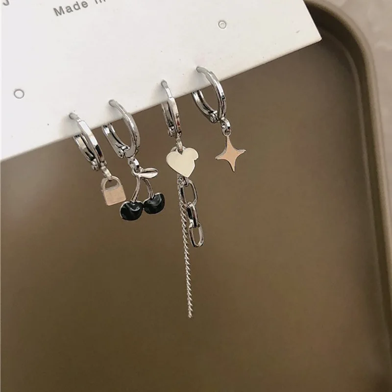 

Sindlan 4Pcs Punk Silver Color Lock Pendant Earrings for Women Y2k Star Heart Cherry Tassel Female Emo Jewelry Pendientes Aretes