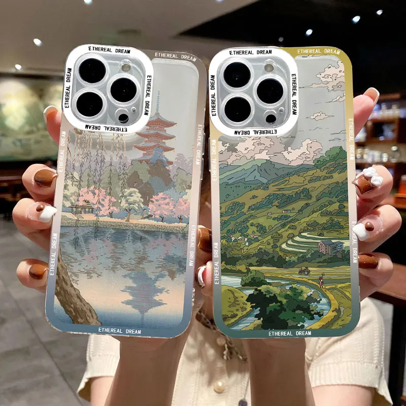 

Japanese Anime Scene Landscape Phone Case for iPhone X XR XS 12 13 14 11 Pro Max 8 7 Plus SE2 Cartoon Scenery Transparent Covers