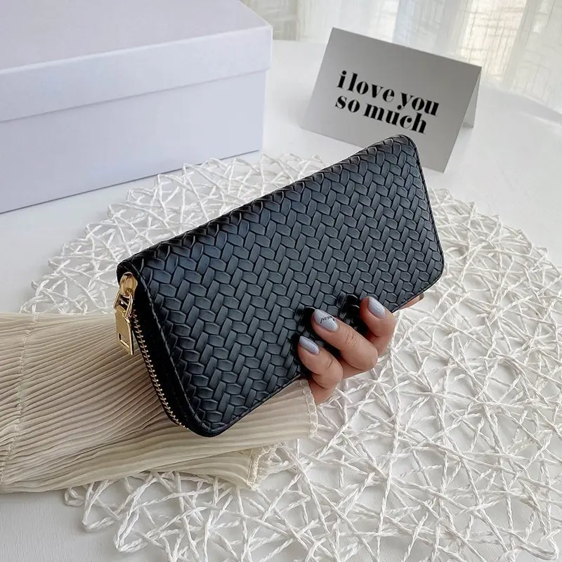 Women Wallet Lady Clutch Leather Weave Zipper Female Wallets Long Length Card Holder Phone Bag Money Coin Pocket Ladies Purses