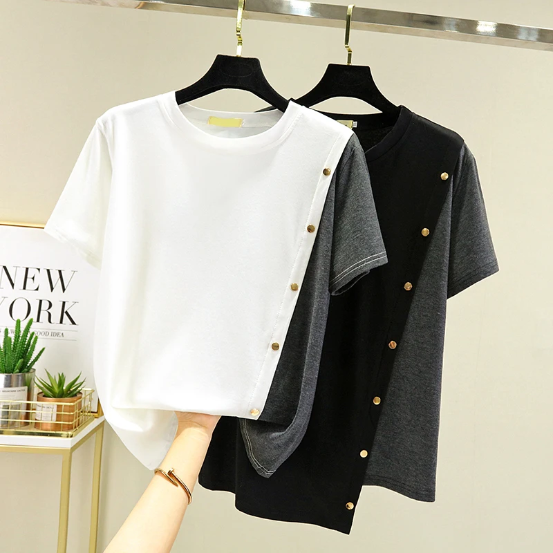 Fashion Patchwork Irregular T-shirt Pullover Women 2021 Casual Loose Short Sleeve T-shirt Elegant Button Bottomed Tee Clothes