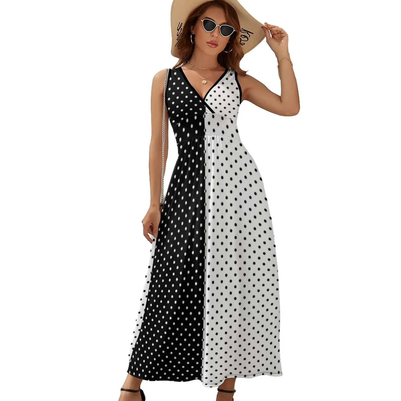 

Black White Two Tone Dress Retro Polka Dot Vintage Maxi Dress Street Wear Bohemia Long Dresses Women Graphic Big Size Vestido