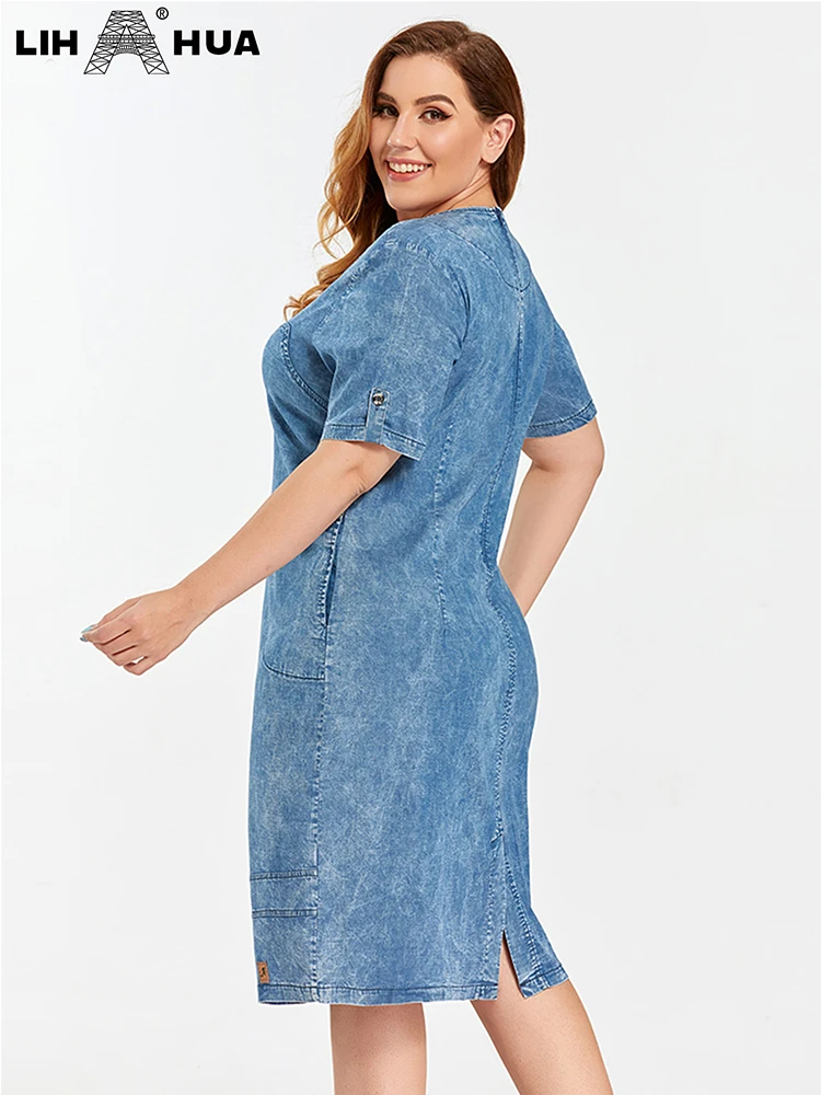 LIH HUA Women's Plus Size Denim Dress Summer Chic Elegant Dresses For Chubby Women Round Neck Woven Cotton  Dress
