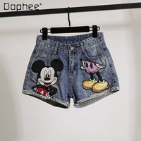 loose cartoon embroidery pattern sequined high waist thin denim shorts lady 2022 summer new trend hot short pants jeans woman
