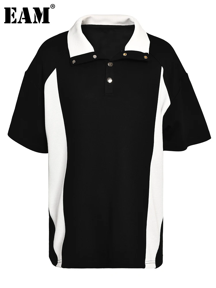 

[EAM] Women Black Color-block Big Size Casual T-shirt New Lapel Half Sleeve Loose Fit Fashion Tide Spring Autumn 2023 1DF9350