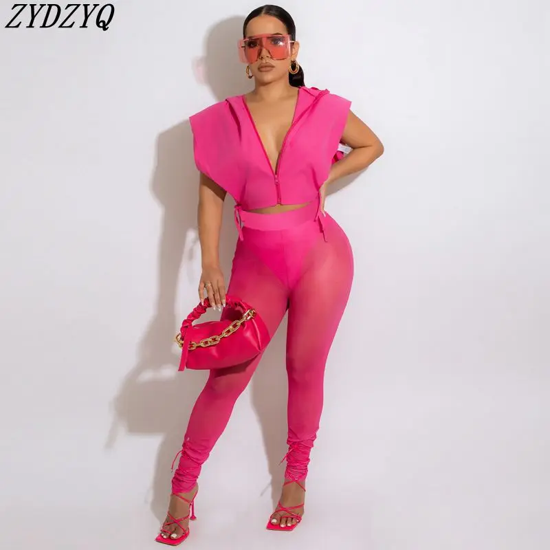 

ZYDZYQ 2 Pieces Set Women Summer Hollow Hooded Top Mesh Pants Sets with Panties Y2k Clothes Vacation Outfit Streetwear Wholesale