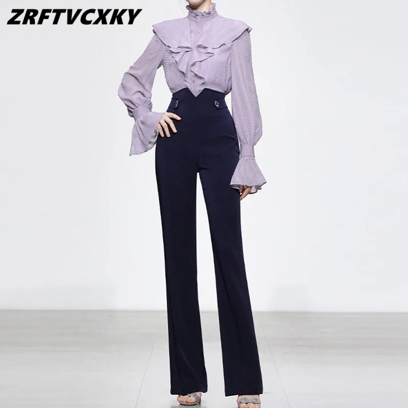 

Fashion Autumn Occupation 2-Piece Suits Women Elegant Flare Sleeve Ruffles Shirts & Simple Flared Trousers Office Casual Set