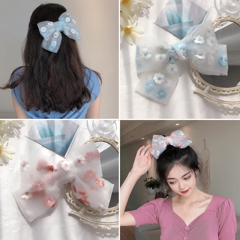 

Супер фея синяя вышивка цветок Весенняя заколка корейская мода бант девушка заколка для волос