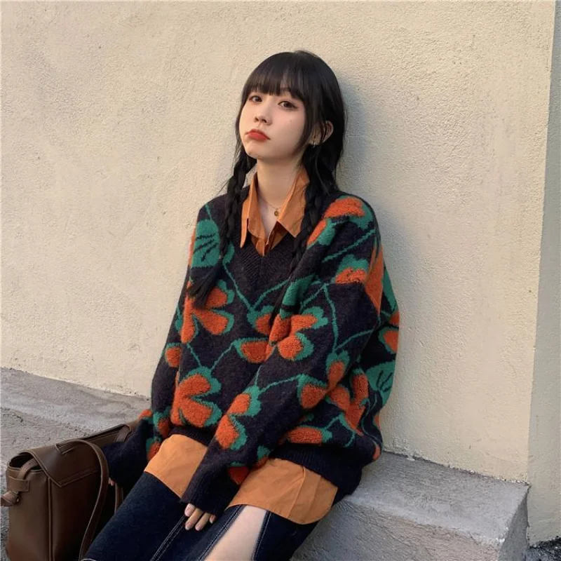 

Long-Sleeved Shirt Knitted Sweater Set Girls Spring And Autumn Korean Version Of The Shirt Retro V-Neck Knitted Sweater Set