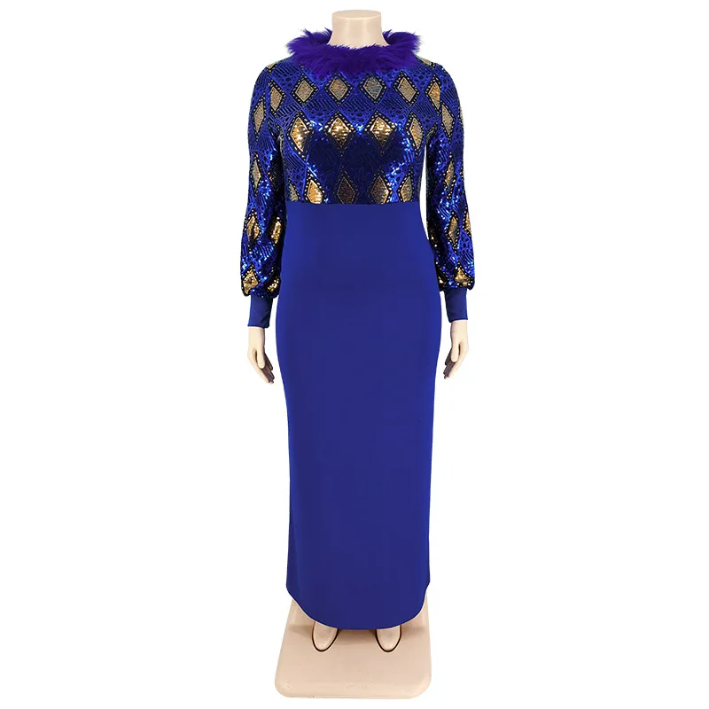 2022 Plus Size Solid Sequins Skinny Long Dress Party Style Round Neck Panel Wool Long Sleeve Elegant Women's Skinny Dress