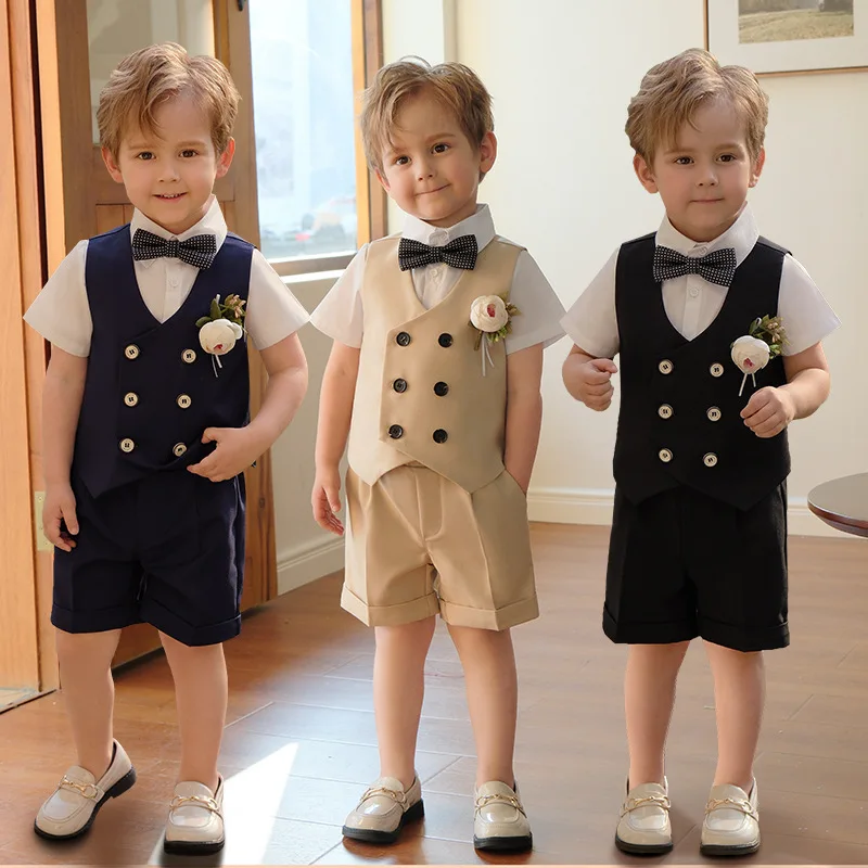 Children Summer Short-sleeved Vest Suit Boys Wedding Dress First Birthday  Performance Costume Kids Waistcoat Shorts Bowtie