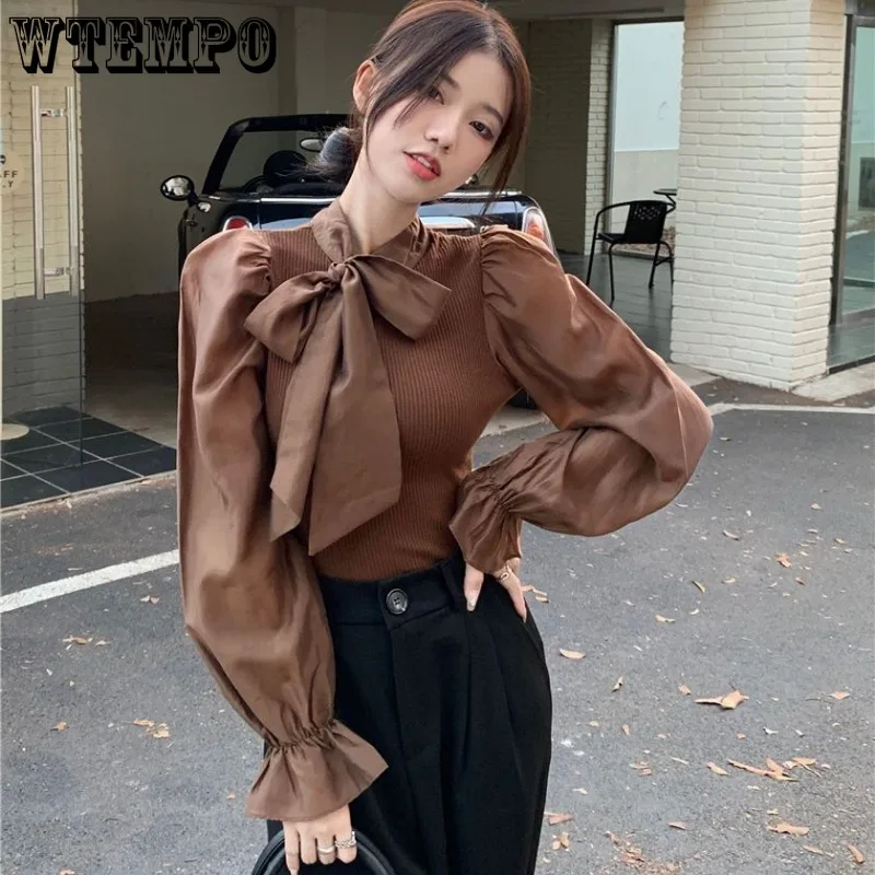 Модная рубашка WTEMPO с бантом Женская Лоскутная длинным рукавом и шнуровкой