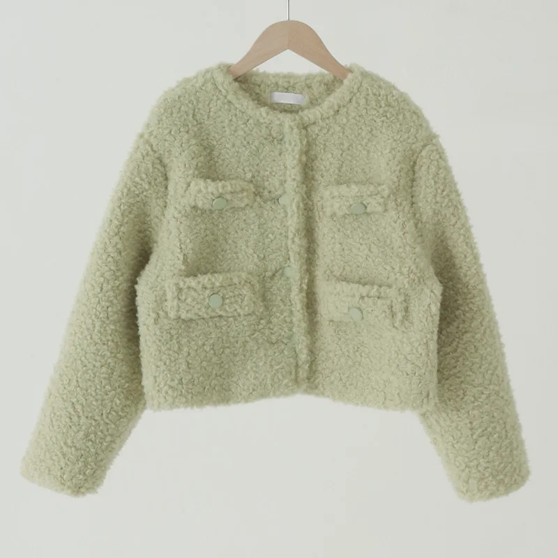 Korean Fashion Light Green Faux Fur Loose Coat Woman Single-breasted Top O Neck Long Sleeve Pocket Women Clothing Dropshipping