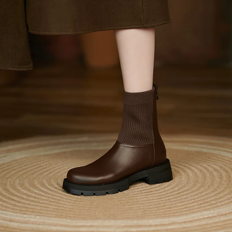 TSTCTB 2022 Autumn Winter Ankle Boots for Women New Splicing Genuine Leather Platforms Thick Heels Sock Boots Casual Shoes Woman